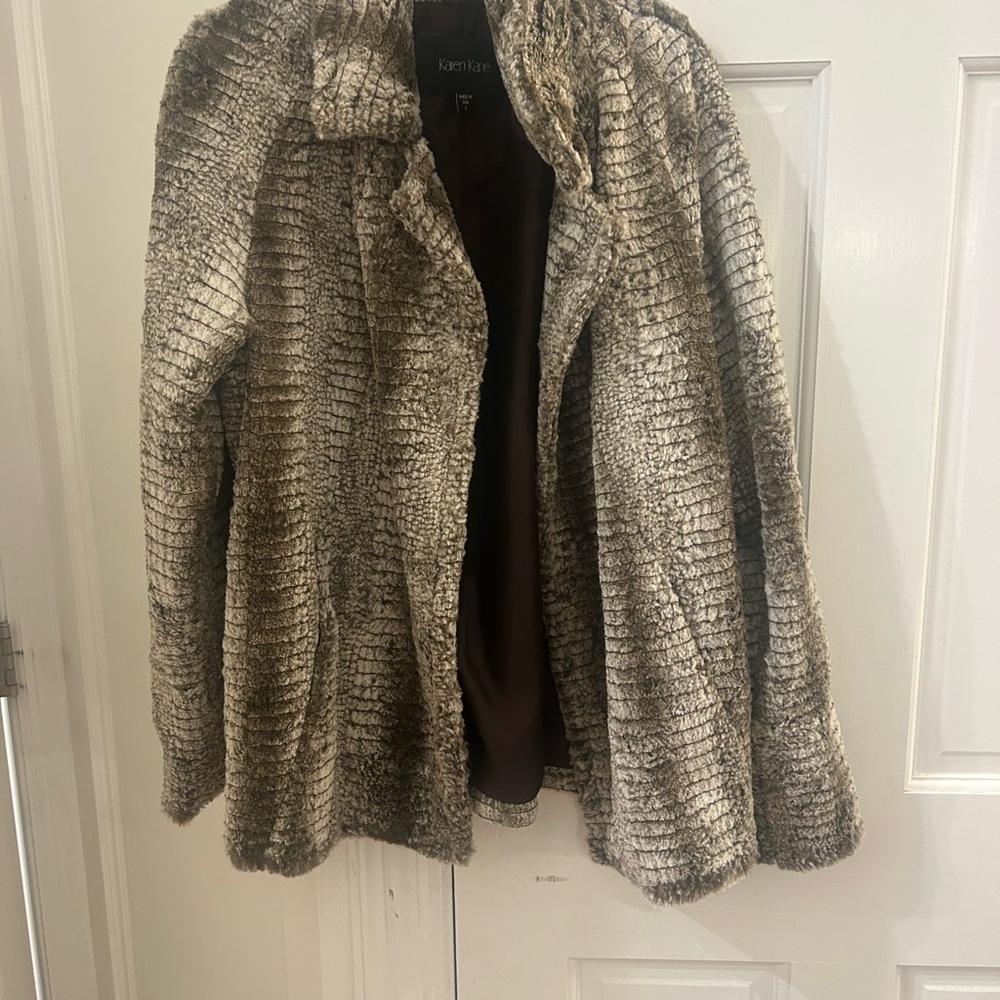 Karen Kane Textured Teddy Jacket in Brown and Cream